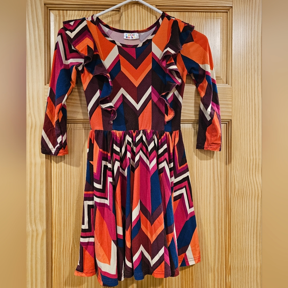 4/$10 Dot Dot Smile Girls 7 Dress Colorful Chevron Twirl Long Sleeve Ruffle Kids